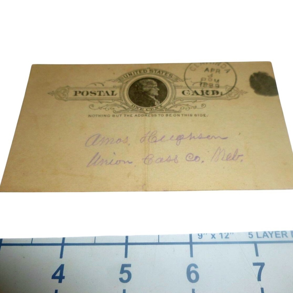 Antique‎ 1889 US Postal Card One Cent Jefferson Clarinda IA to Union NE UX9 UX10